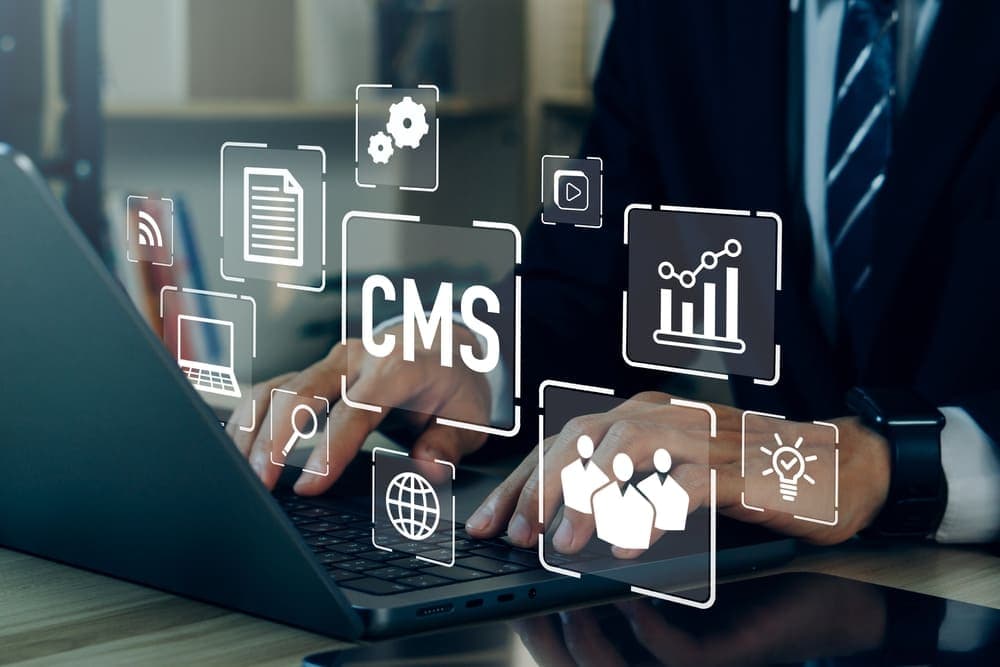 Businessman using CMS for publishing content